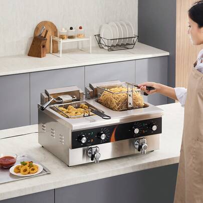 Commercial Deep Fryer, 1750W Or Dual Tank 3500W Electric Countertop Fryer With Fry Basket, 9 Quart/8.5L Single Fryer, 1mm Thickened Stainless Steel, Time And Temperature Control, For Kitchen Restaurant, Silver