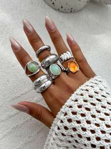 7pcs/Set Geometric Vintage Faux Gemstone Inlaid Asymmetrical Metal Rings Set, Luxurious Everyday Casual Women & Couples Jewelry Rings Gift For Birthday, Holiday