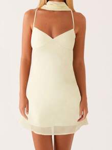 Women Mini Dress Floral Print/Solid Color Sleeveless Cami Dress Summer Backless Dress With Choker Scarf