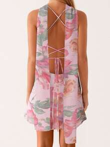 Vestido mini de mujer con estampado floral/unicolor, vestido de tirantes sin mangas, vestido de verano sin espalda con pañuelo tipo choker - Morado Violeta - Ver 6