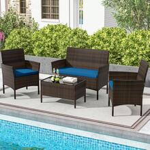 Set Of 4 Furniture Set W/ Washable Cushions & Tempered Glass Coffee Table - 藍色 - 查看 9