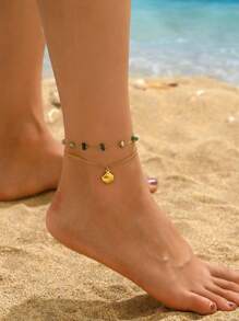 1 18k Gold-Plated Women's Stainless Steel Ankle Chain With Shell Accessories Featuring Ocean Elements A Women's Gold-Plated Ankle Chain Designed With A Combination Of Long And Short Beach Vacation Style