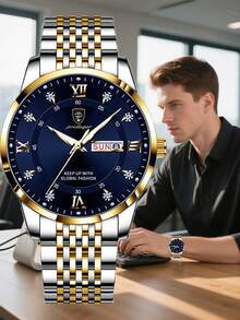 POEDAGAR 1件装时尚简约男士不锈钢双日期显示石英表，防水夜光功能，商务简约男士腕表，日常休闲男士腕表，男士礼物 - 藍色 - 查看 2