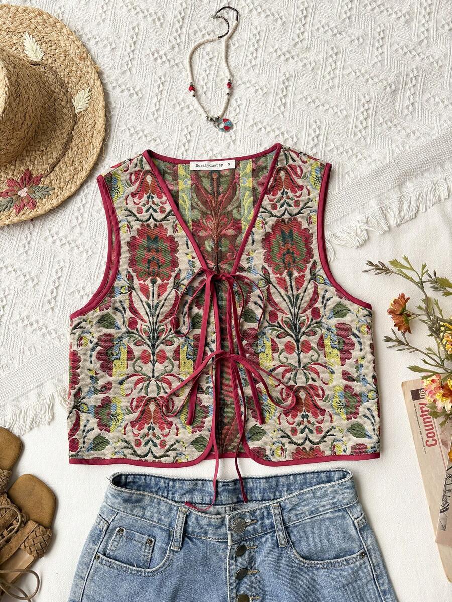 Rusttydustty Boho Embroidered Tie Waist Vest Vintage Jacquard Waistcoat Tie Front Top,Christmas, Thanksgiving, New Year Party Outfit
