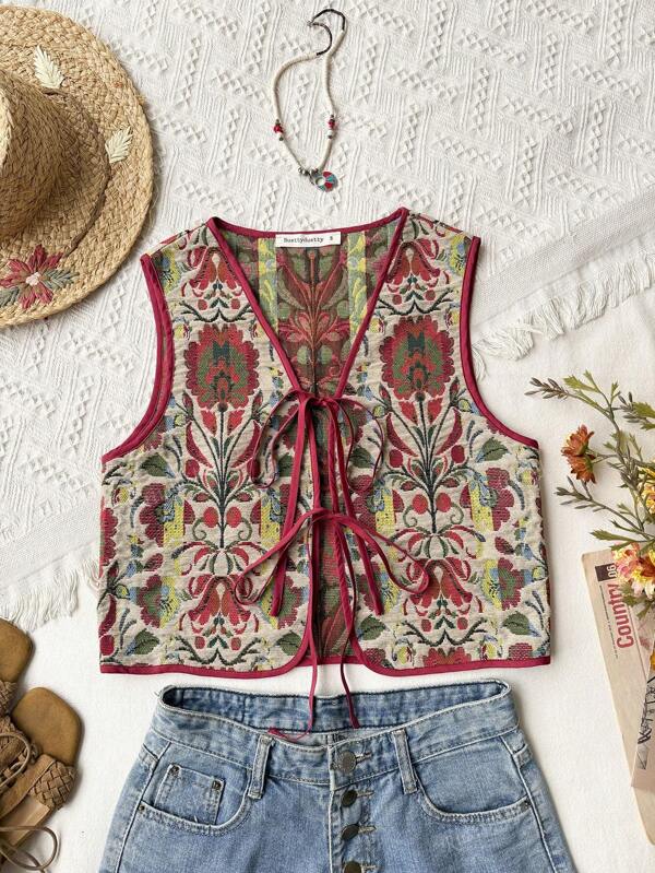 Rusttydustty Chaleco tipo boho con cintura anudada, vintage, con estampado jacquard, parte delantera con lazo