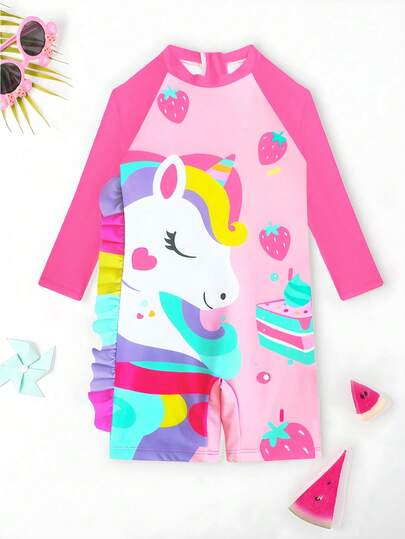 New Girls Swimsuit One-Piece Children's Swimwear Cartoon Unicorn Fashion Adorable Beach Swimming Suit