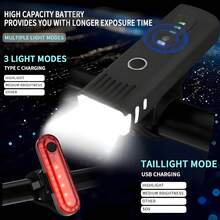 高亮度USB充电自行车灯套装，包含前后灯，4种照明模式，防水设计，适合夜间骑行和山地/公路自行车骑行。 - 彩色 - 查看 4