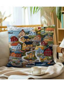 1pc 45.72 X 45.72 Cm Double-Sided Pillow Case With 2D Design Of Fishing Village Fjällbacka, Sweden, Suitable For Sofa, Bedroom, Outdoor And Living Room (Pillow Insert Not Included), No Embroidery