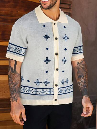 Áo khoác cardigan nam cổ polo tay ngắn dệt kim kiểu vintage dáng rộng thoải mái, chất liệu jacquard, thích hợp cho mùa xuân/hè.
