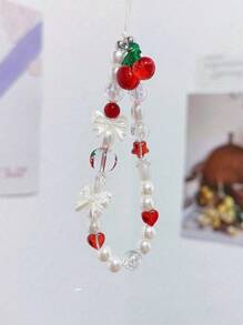 Cordão de contas em forma de estrela e laço de cereja estilo Ins feito à mão, faça você mesmo, pingente para celular, acessório elegante para câmera