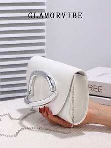 1 pieza Bolso de embrague de cuero blanco elegante y de moda para mujer, decoración de asa brillante, correa de hombro desmontable de cadena metálica, diseño con solapa, adecuado para fiesta, boda romántica, baile de graduación, discoteca, regalo de cumpleaños, combinación con vestido, Día de San Valentín, regalo de vacaciones - Blanco - Ver 5
