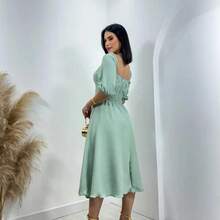 Vestido Feminino Midi Com Manga Bufante Forrado Soltinho - Verde claro - Visão 4