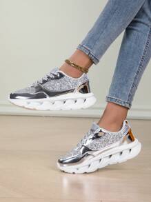 Chaussures casual de sport extérieur brillantes pour femmes, baskets de course mode à lacets, chaussures de marche légères à plateforme, convenant pour le port quotidien et les voyages