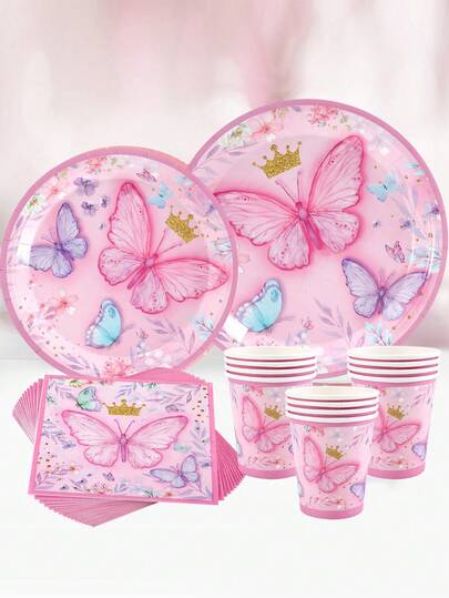 40pcs/Set Pink Butterfly Themed Party Tableware Set, Disposable Tableware For Butterfly Party Decoration, Disposable Food Tray For Party, Cake Tray, Dessert Tray, Food Support, Birthday Decoration Birthday Gift, Wedding Decoration Wedding Party Favor, Babe Shower Decoration, G Irl Decoration, Birthday Gift Wedding Gift, Includes 8 Pcs 7-Inch Disposable Plates And 8pcs 9-Inch Disposable Paper Plates, 8 Paper Cups, And 16pcs Butterfly Napkins