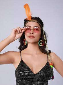 3pcs Style Colorful Feather Headbands, Boho Fashion Peace Sign Earrings, Colorful Feather Headbands - Multicolor - View 6