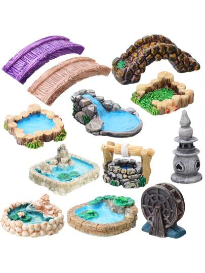 12pcs/Set Mini Fairy Garden Decorations Flowers & Plants Landscape Ornaments For Potting, Lawn, Bridge, Waterwell, DIY Garden Pond Decor, Miniature Statues