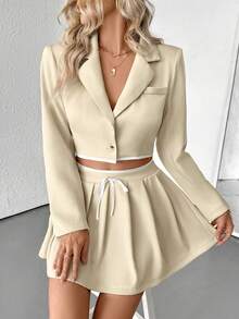 白色和杏色撞色长袖单扣短款西装外套和百褶裙两件套休闲通勤老款风格新款女装 - 淺杏色 - 查看 3