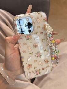 Funda de teléfono suave con flores y conejo compatible con iPhone 16 Pro Max, 15, 14 Pro, 13, 12, 11 Plus, cubierta encantadora con cadena y cordón