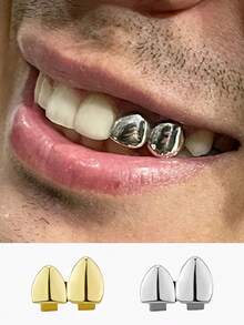 1 conjunto de grelhas de dentes falsos com blocos de cores suaves, aparelho dentário lateral exclusivo dourado e prateado, adequado para homens e mulheres, festa, Halloween, Natal, aniversário - Multicolorido - Ver 2