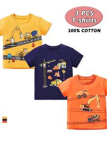 3pcs Young Boys ' Short Sleeve T-Shirt Set With Cartoon Excavator Print, Casual Summer Outfit - Multicolor - View 3