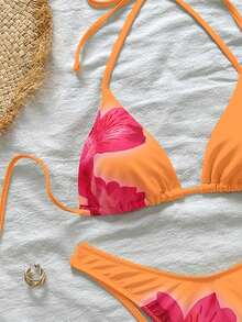 女士芙蓉花印花橙色泳衣，适合夏季泳池、海滩等各种场合，简约优雅的花卉装饰比基尼沙滩装 - 橘色 - 查看 5