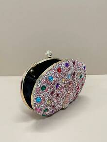 Rhinestone Embellished Pink Evening Clutch Bag With Detachable Gold Chain, Luxury Shiny Mini Evening Bag For Women, Suitable For Formal Party, Banquet, Prom, Wedding, Cocktail Party. Can Be Paired With Party Dresses, Evening Gowns, And Sequin Outfits. - Pink - View 4