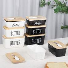 Ceramic Butter Dish, Rectangular Ceramic Butter Dish With Wooden Lid And Butter Knife, 500ml/600ml/850ml Simple Western Style Cheese Storage Box Ceramic Butter Holder - White - View 6