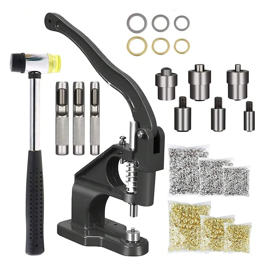 Heavy-Duty Hand Press Grommet Kit - Includes Punch Tool, 3 Dies, Hammer & 1500pcs Gold+1500pcs Silver Eyelets For Fabric, Leather & Crafts - Black - View 1