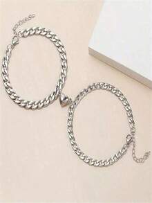 2pcs/Set Minimalist Stainless Steel Heart Bracelets, Fashion Bracelets For Boys & Girls, Gift - 2pcs/set - View 2