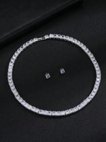 1 Set mit 3 Stücken orientalischer Stil minimalistischer Zirkonia Halskette & Ohrringe Set, elegant für Braut-Hochzeit, formelle Party, Verlobung, hochwertiges Schmuckgeschenk für Frauen