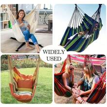 1pc Deluxe Striped Canvas Hammock Chair With Pocket & Head Pillow - Foldable Durable Knitted Sling Swing For Indoor/Outdoor Use Soft Brushed Fabric Solid Back Support Includes Side Pocket - Hand Wash/Dry Clean Perfect For Patio Bedroom Living Room Hammock Swing Chair Patio Relaxation Vibrant Outdoor Decor Cozy Relaxation Gear Summer Outdoor Lounge Chair