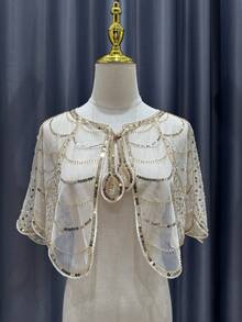 优雅亮片串珠披肩，饰以闪亮水钻，黑金配色，是婚礼和正式场合的完美配饰，尽显奢华气质，亮片点缀更添精致，亦可作为婚礼宾客披肩。 - 多色 - 查看 14