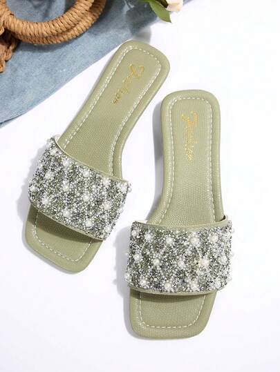 女士加大码平底凉鞋，度假风格夏季休闲百搭水钻一脚蹬沙滩拖鞋