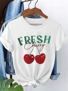 Frische Kirsche Y2K Muster Frühling, Damen Casual Rundhals Kurzarm T-Shirt - Weiss - Übersicht 1