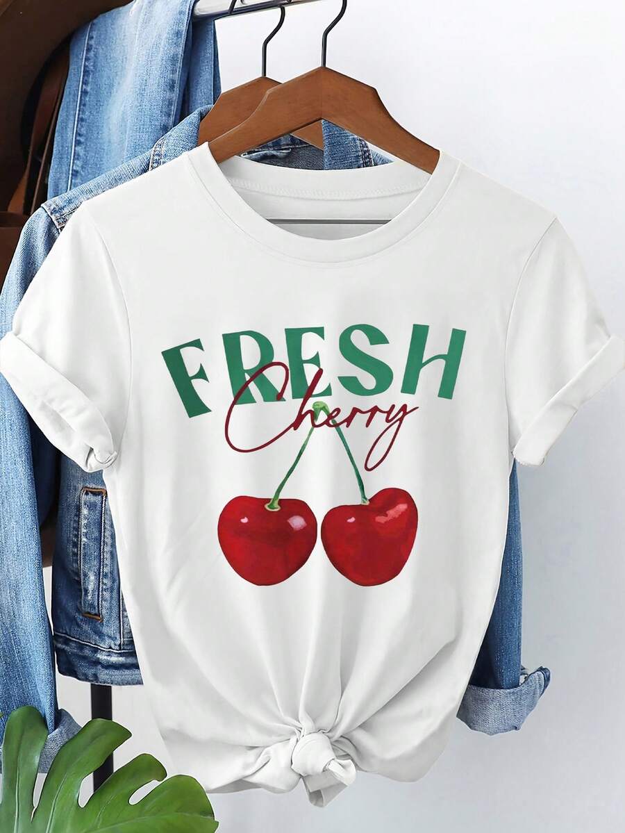 Frische Kirsche Y2K Muster Frühling, Damen Casual Rundhals Kurzarm T-Shirt - Weiss - Übersicht 1