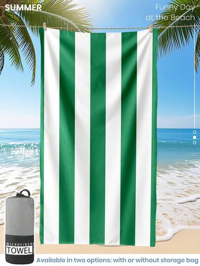 1件印花沙滩巾，深绿色和白色条纹图案，适合用作泳巾、浴巾，时尚款式，超强吸水性，适用于浴室、游泳、健身、瑜伽等场合，柔软舒适的超细纤维材质，轻便易携。