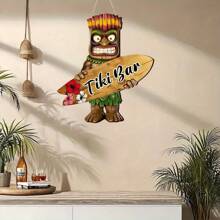1 Señal de bar de estilo tiki hecha a mano de madera - Estatua tropical tiki y colgante de tabla de surf con orquídea colorida, decoración de estilo bohemio, adecuada para terrazas, jardines, fiestas de verano y decoraciones con temática hawaiana y luau
