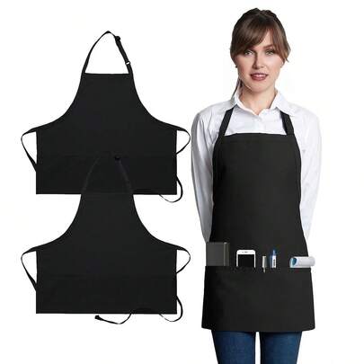 3 个口袋可调节围兜围裙 - 男女厨师厨房烹饪围裙，非常适合咖啡馆、茶馆、餐厅、园艺和酒吧，黑色