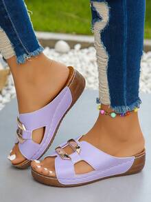 Plus Size 36-45 Summer New Fashion Versatile Navy Blue Metal Buckle Open Toe Women Platform Wedge Sandals, Casual Outdoor Beach Holiday Lightweight Comfortable Slip-On - 淡紫色 - 查看 5