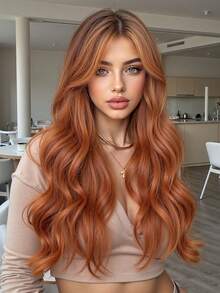 26 Inch Orange Butterfly Hairstyle Synthetic Wig With Bangs, Long Curly Synthetic Fiber Wig For Women & Girls, Lace-Free Synthetic Wig, Suitable For Music Festivals - 臟橘色 - 查看 2