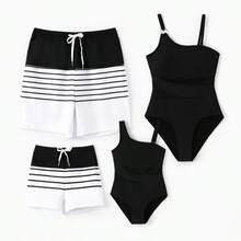 Family Matching Stripe Swim Trunks Or One-Piece Strap Swimsuit - 黑色 - 查看 1
