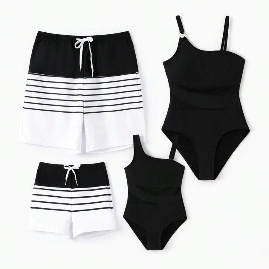 Family Matching Stripe Swim Trunks Or One-Piece Strap Swimsuit - 黑色 - 查看 1