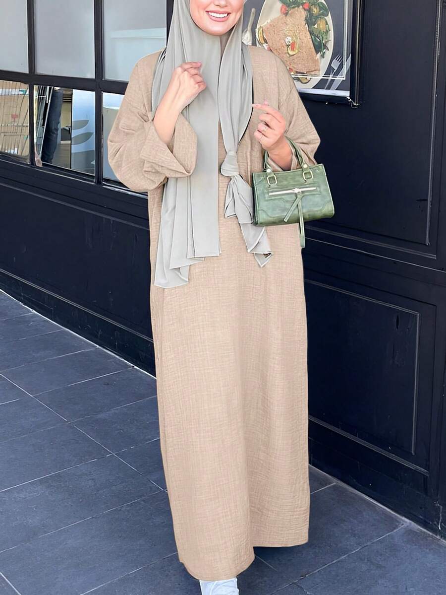 Einfarbiges elegantes Kleid für Frauen mit rundem Ausschnitt und Langarm, lässig anliegend für den täglichen Gebrauch