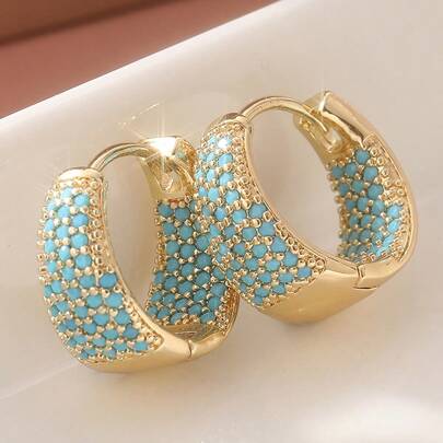 Women's Elegant Thick Creole Earrings With Bohemian Style, Suitable For Weddings And Mother's Day Gifts. Brass With Unique Synthetic Turquoise Decor, Versatile Fashion Accessory For Parties And Gifts, All Season Style