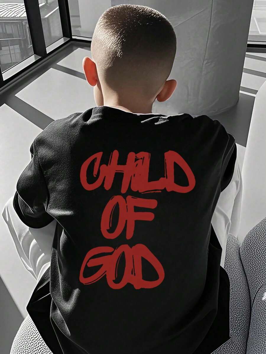 夏季休闲圆领短袖T恤，适合男孩和年轻学生穿着 - 时尚英文字母图案T恤，献给每一位年轻的探索者！童装男童图案T恤 - 黑色 - 查看 1