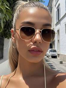 1 件女士金属多边形框架小脸休闲高品质时尚眼镜，适合户外、驾驶、日常使用、节日礼物