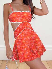 Women's Boho Floral Cut Out Cami Mini Dress Spaghetti Strap Hollow Out Flowy Slip Short Dress Summer Backless Sleeveless Casual Going Out Dresses Beach Vacation Sundress - 橘紅 - 查看 2