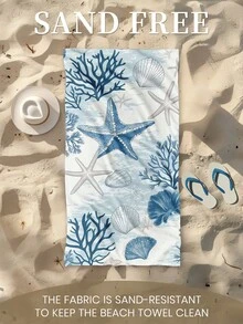 1pc Printed Beach Towel, Blue Shell And Coral Swim Towel, Bath Towel, Fashion Style Beach Towel, Super Absorbent Bath Towel For Bathroom, Swimming, Fitness, Yoga, Soft And Comfortable Microfiber Towel, Lightweight And Portable, Wind And Sun Protection, Sandproof For Summer Travel, Vacation Holiday Bathroom Decor, Available With Or Without Storage Bag, Recommend Regular Sizes And Larger Sizes, (35*75cm Small Size Towel,150cm Or Above Recommended)