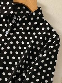 Women's Contrast Polka Dot Button-Front Shirt - Collared Long Sleeve Blouse With Tie Detail For Date Nights/Travel Essentials, All-Season Versatile Wardrobe Must-Have - Black - View 5