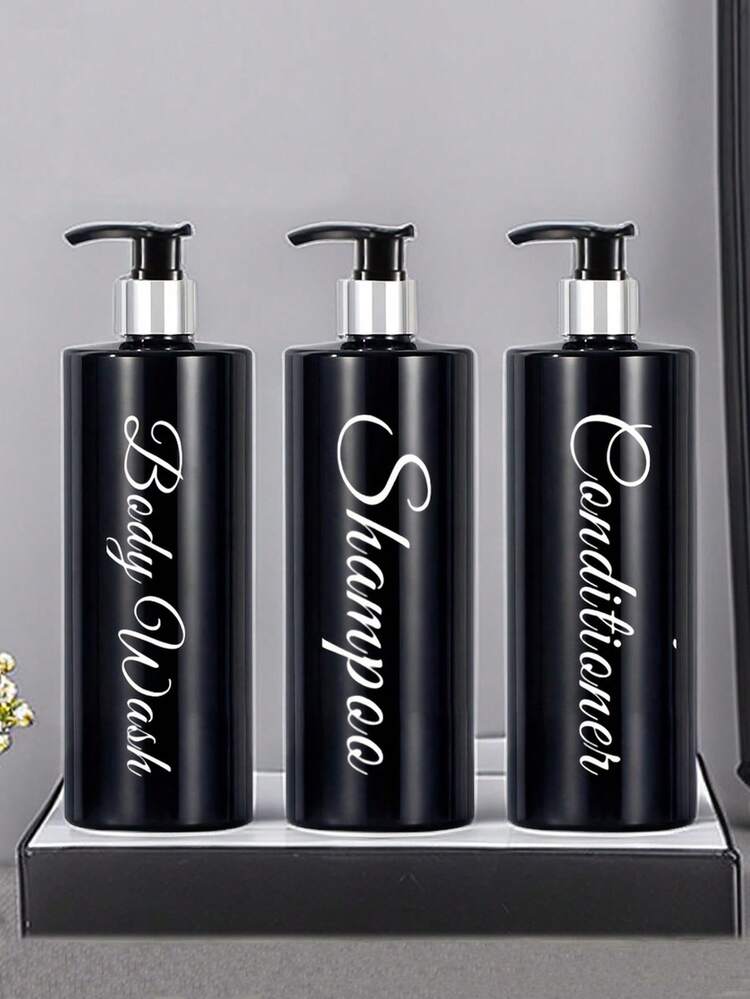 3 件 500 毫升浴室可填充瓶、洗发水乳液分配器瓶、皂液器、带防水水晶标签的 PET 可重复使用泵瓶、浴室配件套装（开学季） - 黑色 - 查看 1